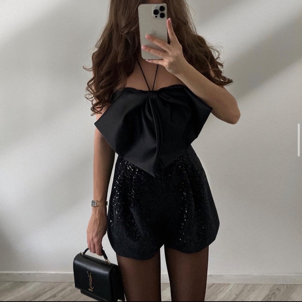 Black bow trim sequin short jumpsuit, romper. - Picture 9 of 13